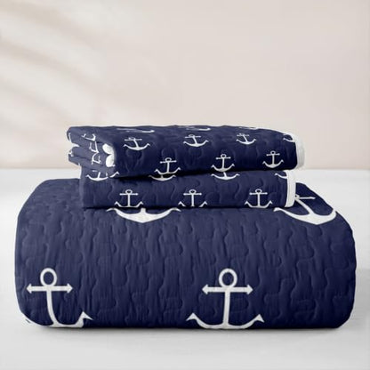 Navy Blue Nautical Anchor Full Quilt Set with Pillow Shams - Ocean Sailboat Microfiber Bedding