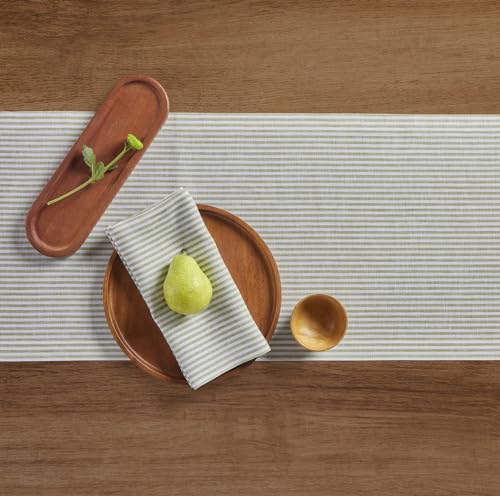 Linen Table Runner 14x108 Inches Avocado & White Striped - Handcrafted European Flax
