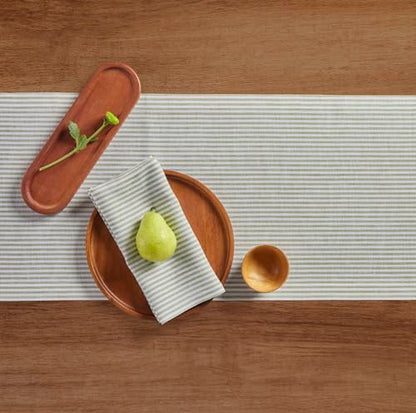 Linen Table Runner 14x108 Inches Avocado & White Striped - Handcrafted European Flax