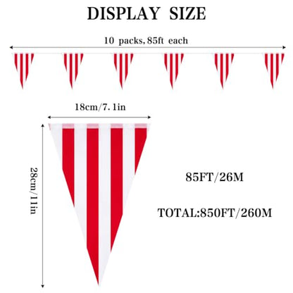 Red and White Striped Pennant Banner - 850ft, 600 Flags, Reusable Party Decor