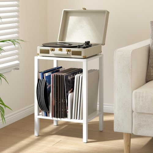 White 2-Tier Record Player Stand with Vinyl Storage - Multi-Functional Side Table