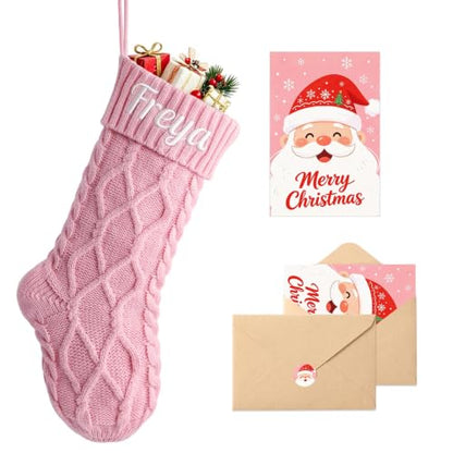 Personalized Christmas Stockings Pink Knit with Embroidered Name & Card - 18in