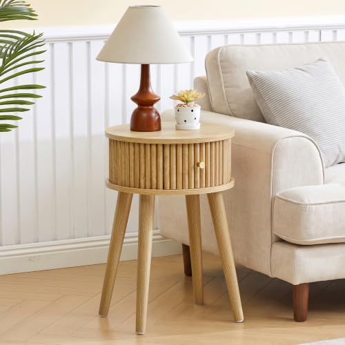Round Fluted Side Table Set of 2 - Natural, 15.7"D x 15.7"W x 23.6"H, Mid-Century Modern Wooden Nightstands