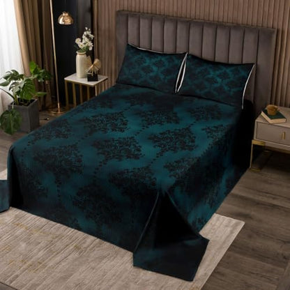 Castle Fairy Damask Bedspread Quilt Set King Teal Black Vintage Floral with Pillow Shams