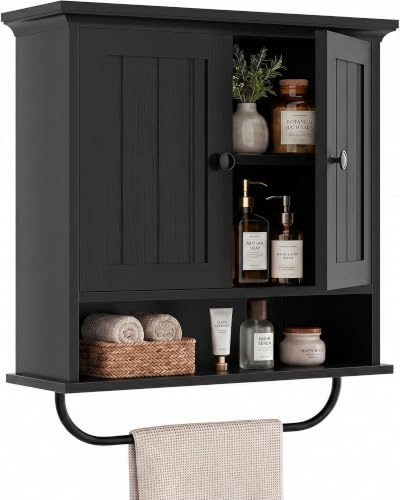 Besiost Farmhouse Bathroom Wall Medicine Cabinet with Removable Towel Bar - Black