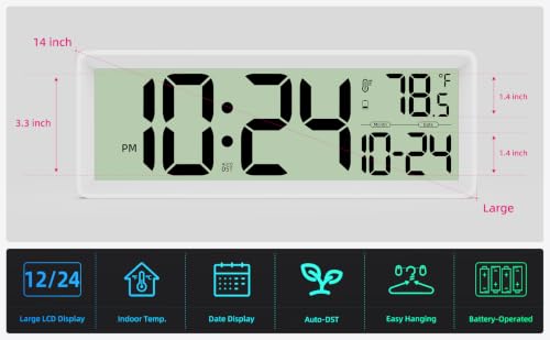 White 14-Inch Digital Wall Clock with Temperature, Date, DST - Silent, Easy Read