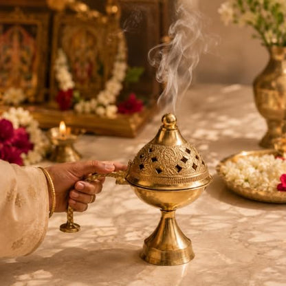 Brass Dhoop Dani Incense Holder with Handle for Puja 4.5 x 4 - Traditional Temple Decor