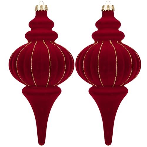 Velvet Christmas Ball Ornaments Set of 2 - 10 Inch Red Finial Finery with Gold Glitter