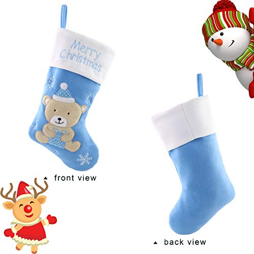 Baby’s First Christmas Stocking Felt Teddy Bear Embroidered White Cuff Blue - Holiday Decoration Gift Bag