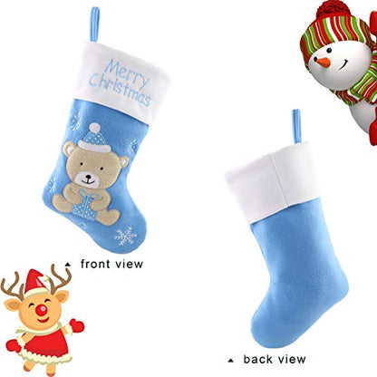 Baby’s First Christmas Stocking Felt Teddy Bear Embroidered White Cuff Blue - Holiday Decoration Gift Bag