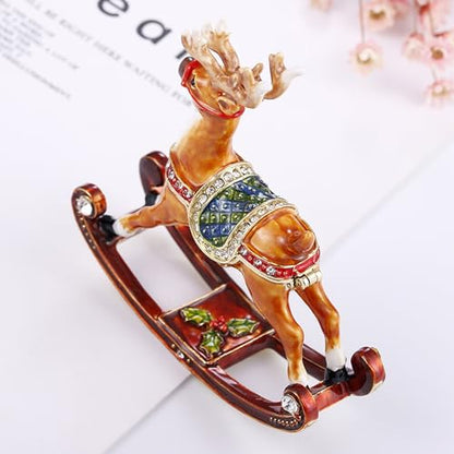 Hand Painted Enamel Reindeer Trinket Box - Mini Jewelry Organizer with Rhinestones - Holiday Home Decor (Reindeer Variant)