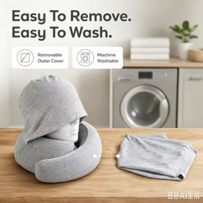 Travel Neck Pillow with Hood Memory Foam Support Washable Cover Storage Bag