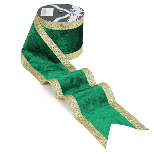 Green Crushed Velvet Wired Ribbon 4 Inch x 10 Yards - Elegant Holiday Decor