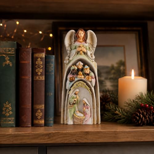 Religious Nativity Scene Statue with Angel, Wise Men & Holy Family