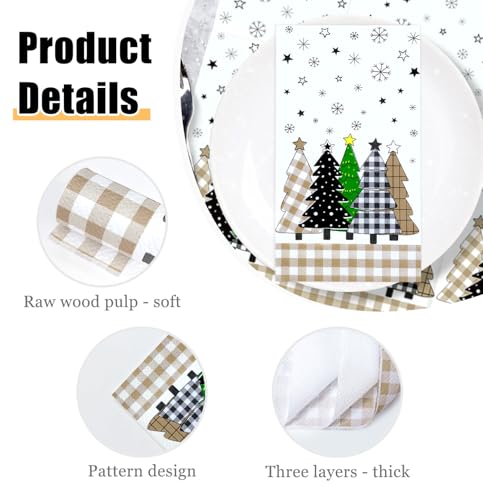 50 Pieces Christmas Tree Paper Napkins - 3-Ply Gingham Holiday Disposable Hand Towels