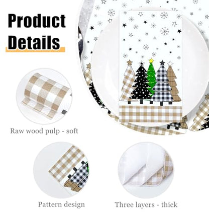 50 Pieces Christmas Tree Paper Napkins - 3-Ply Gingham Holiday Disposable Hand Towels