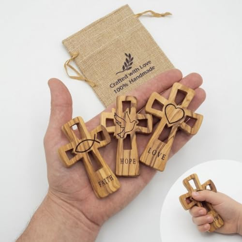 Set of 3 Olive Wood Christian Crosses Faith Hope Love Hand Carved Bethlehem