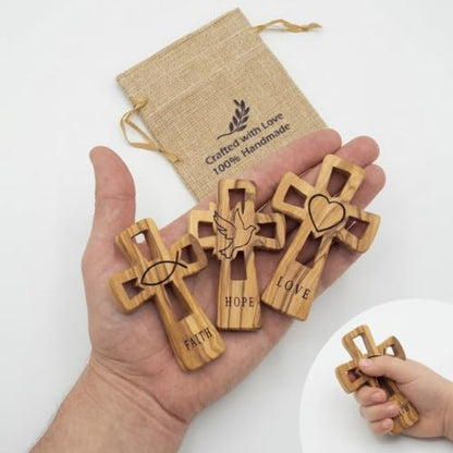 Set of 3 Olive Wood Christian Crosses Faith Hope Love Hand Carved Bethlehem
