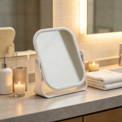 Beige Plastic 360-Degree Rotating Double-Sided Makeup Mirror - Rectangular, Desktop Stand