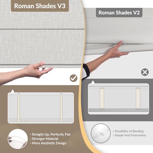 No Drill Linen Roman Shades - Custom Size, Light Filtering, Beige White B