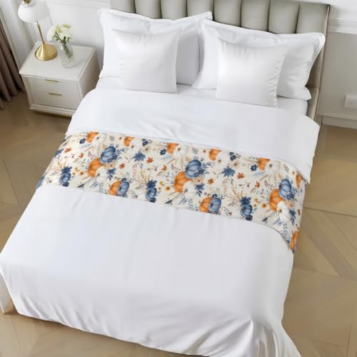 Navy Blue Fall Bed Runner Scarf King Size 94x20 Inch for Bedroom Decor - Navy Blue Beige