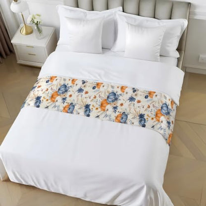 Navy Blue Fall Bed Runner Scarf King Size 94x20 Inch for Bedroom Decor - Navy Blue Beige