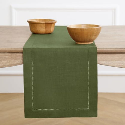Solino Home 100% Pure Linen Table Runner - Olive, 14 x 156 Inches, Variation of Olive / 14 x 156 Inch