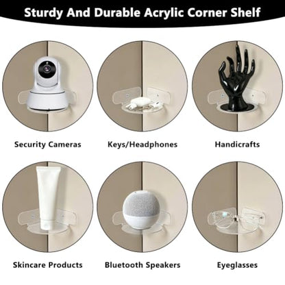 Clear Acrylic Corner Shelf Set - Wall Mount Floating Shelves for Security Cameras, Plants, Monitors, 4.4x4.4x1.9 Inch - 2 Pieces