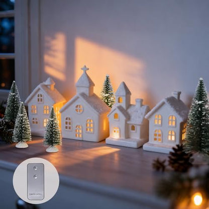 Lighted Christmas Village Set of 4 Ceramic Houses & 5 Christmas Trees Winter White Glazed Holiday Decor