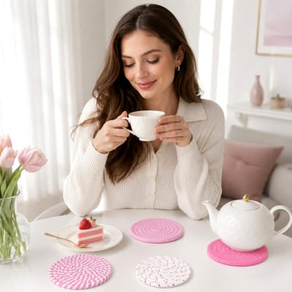 4 Pack Pink Pastel Fabric Coasters for Desk - Absorbent Drink Protectors