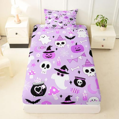 Halloween Purple Ghost Fitted Sheet Twin Size with Pillowcase - Kids Bedroom Decor