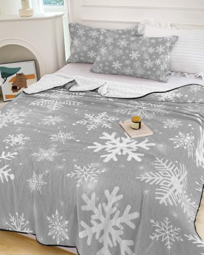 Silver Snowflakes Christmas Quilt Set Twin XL Bedding - Winter Holiday Lightweight Comforter with Pillowcases