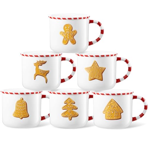 Christmas Gingerbread House Mug Set - 6 Pack Candy Cane Handle 10 oz