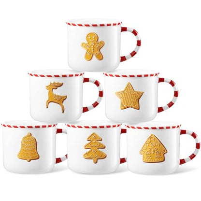 Christmas Gingerbread House Mug Set - 6 Pack Candy Cane Handle 10 oz