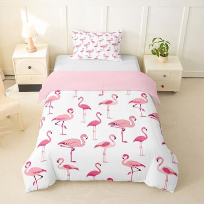 Pink and White Flamingo Duvet Cover Toddler Size Tropical Animal Bedding Set - Breathable Microfiber, No Comforter