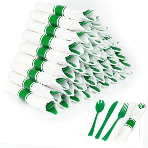 50 Pack Green Plastic Silverware Set with Napkins - Pre-Rolled Disposable Utensils