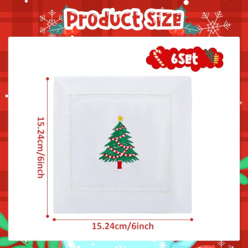 Christmas Linen Cocktail Napkins Set - Hemstitch 6 Pack - Xmas Tree Variation