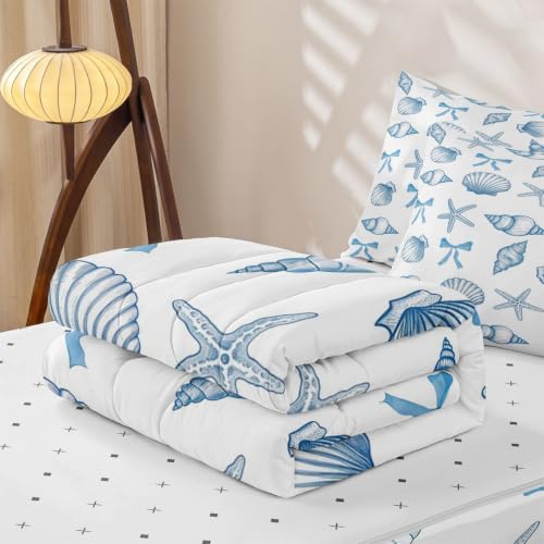 Blue White Starfish Shell Comforter Set Twin Zipper Bedding for Kids Coastal Ocean