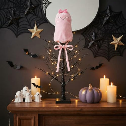 Pink Halloween Ghost Tree Topper 10 Inch Velvet Ornament for Christmas & Fall Decor