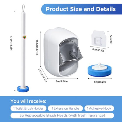 Disposable Wall-Mounted Toilet Brush with 35 Blue Refills and Storage Box - 1 Handle