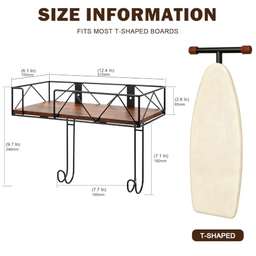 Wall Mounted Ironing Board Hanger with Wood Shelf and Hooks - Metal Laundry Storage Rack