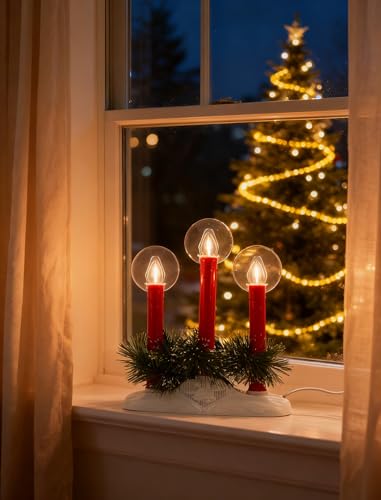 Christmas Window Candles Set - Red Electric Candle Lights with 3 Bulbs - Safe & Flicker-Free, Plug-In Holiday Decor