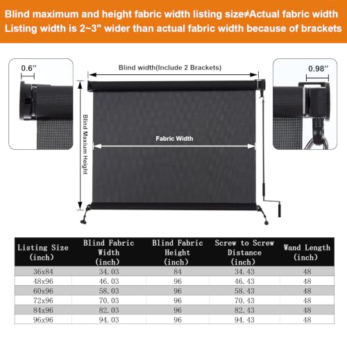 Outdoor Roller Shades 36W x 84H Black Solar Fabric Spliced Pole