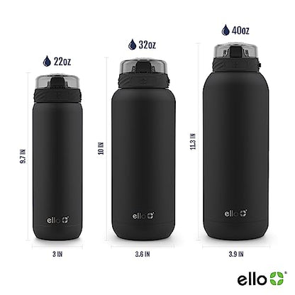 Ello Cooper 22oz Stainless Steel Water Bottle with Straw and Carry Handle, Double Walled and Vacuum Insulated Metal, Leak Proof Locking Lid with Soft Silicone Spout, Reusable, BPA Free, Black