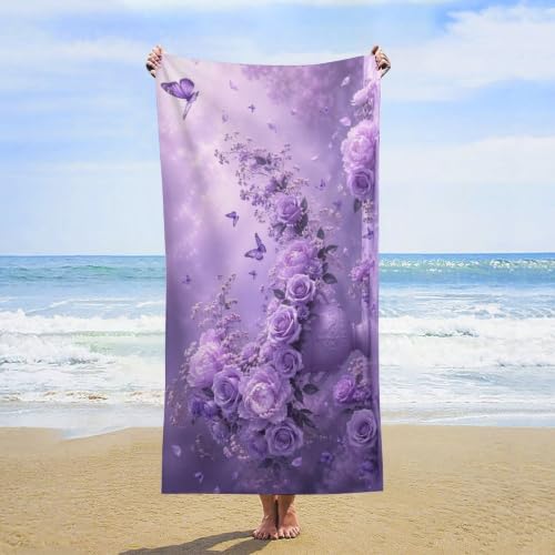 Lavender Blooms and Fluttering Butterflies Oversized Beach Towel 63x31.5 Inches - Soft Absorbent Travel-Ready Bath Towel