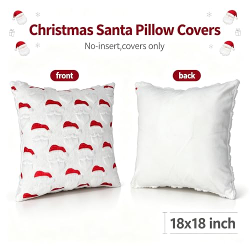 Christmas Santa Pillow Cover Set of 2 - 18x18 Inch Faux Fur & Embroidery Holiday Decor