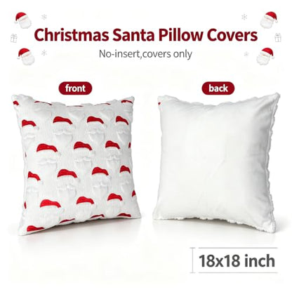 Christmas Santa Pillow Cover Set of 2 - 18x18 Inch Faux Fur & Embroidery Holiday Decor