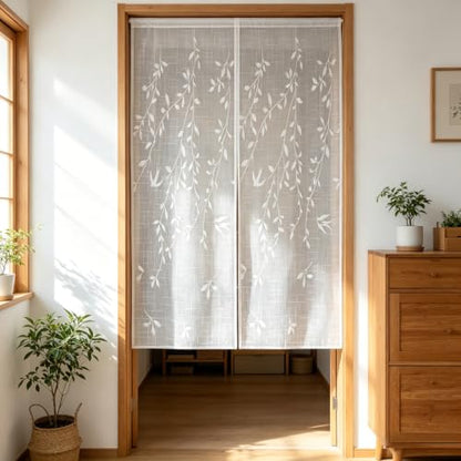 AiDamai 39"W x 63"L Doorway Curtain - Semi-Sheer Room Divider with Willow Embroidery, White-Leaf (1PC) Variation