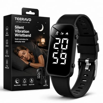 Black Vibrating Alarm Wristband for Heavy Sleepers with Step Tracker