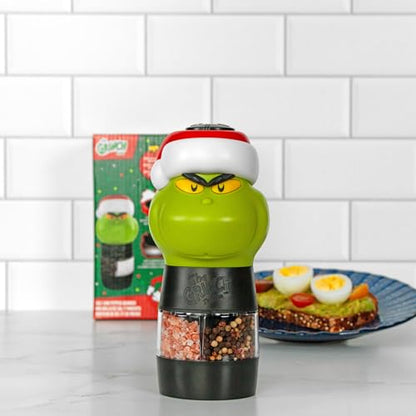 Dr. Seuss The Grinch Salt and Pepper Grinder - Dual Chamber Electric Mill with Adjustable Coarseness & LED Light - Battery Powered - Variation of This Listing